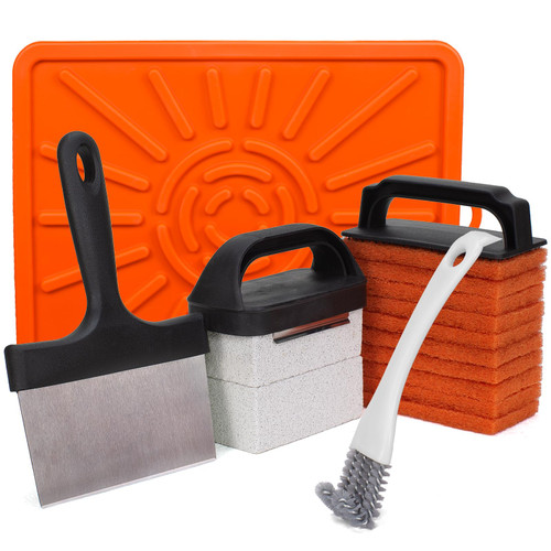 Flat Top Grill Cleaning Kit for Blackstone 17 Pieces Griddle Cleaning Kit with Scraper,Cleaning Brick,Grill Cleaning Brush,Scouring Pads and Heat-Resistant Silicone Spatula Mat with Hanger