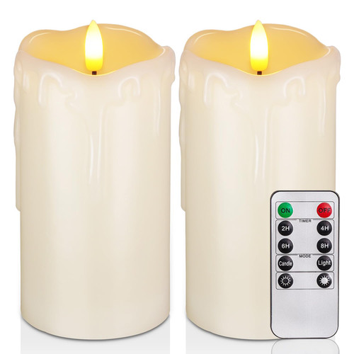 Homemory Dripping Wax Flameless Candles, Battery Operated Candles with Remote Control and Timers, LED Pillar Candles, Electric Fake Candles, 3" x 6", Set of 2 Homemory Dripping Wax Flameless Candles, Battery Operated Candles with Remote Control and Timers, LED Pillar Candles, Electric Fake Candles, 3" x 6", Set of 2