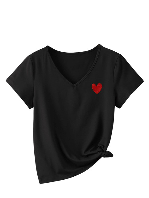 SweatyRocks Women's Casual V Neck Short Sleeve T Shirt Pullover Heart Embroidery Tee Top Black XXL