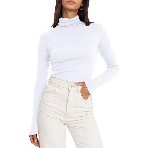 LONGYIDA Womens Long Sleeve Mock Turtleneck Tops Slim Fit Base Layer Tee Lightweight Turtle Neck Thermal Underwear Layer Top Shirts(White,XXL)