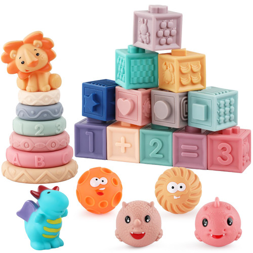 Montessori Toys for Babies 6-12 Months, 3 in 1 Soft Baby Toys Set, Sensory Toys for Toddlers, Stacking Building Blocks Soft Infants Teething Toys, 24 PCS