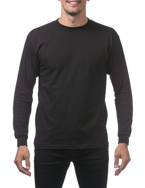 Pro Club Men's Heavyweight Cotton Long Sleeve Crew Neck T-Shirt, Small, Black