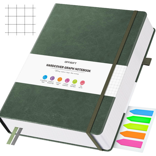 OFFIGIFT Graph Paper Notebook, 312 Numbered Pages Large A5 Hardcover Leather Journal, 100gsm No Bleed Grid Paper Notebook with Index Pages, Grid Notebook for Graphing Notes Math, 5.75" x 8.38", Green