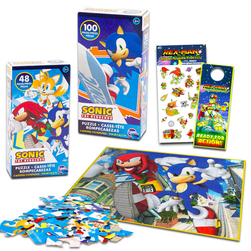 Sonic The Hedgehog Puzzle for Kids Set - Bundle with 2 Sonic Puzzles, Stickers, More | 48 Pc, 100 Pc Sonic Puzzles for Kids Ages 4-8