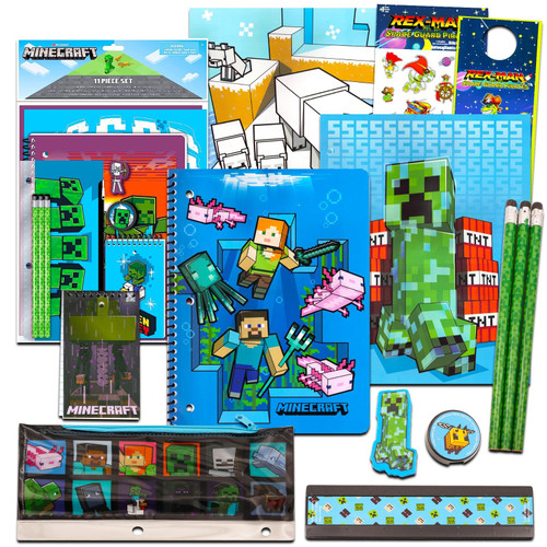 Minecraft Kids School Supplies Set with Pencil Case, Notebook, Pencils, Folders - 11 Pc. Set