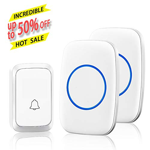 CACAZI Model A60 Wireless Doorbell with 1 Remote Button and 2 Plugin Receivers Operating at over 1000-feet Range with Over 58 Chimes, No Batteries Required for Receivers (2x Chimes 1x Button, White)