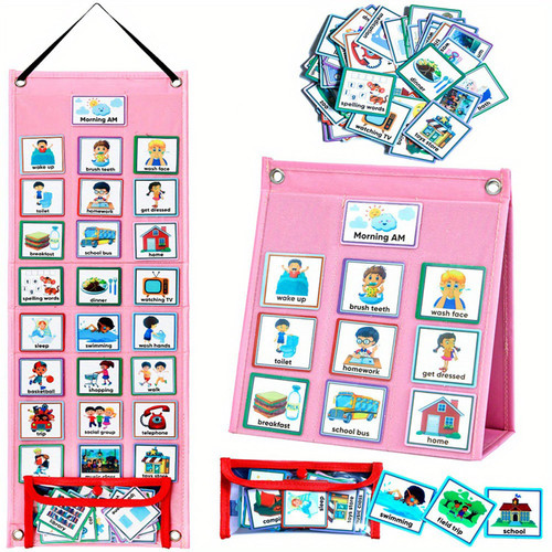 Visual Schedule for Kids, 70 Pieces Cards Daily Toddlers Behavior Schedule Calendar Chart, Autistic Daily Chores Daily Chart, Routine Chart Wall Planner at Home Preschool Classroom (Pink)
