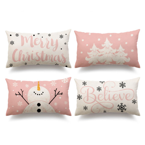 DFXSZ Pink Christmas Pillow Covers 12x20 Set of 4 for Christmas Decorations Merry Christmas Tree Believe Snowflake Winter Holiday Decor Throw Cushion Case for Home Couch
