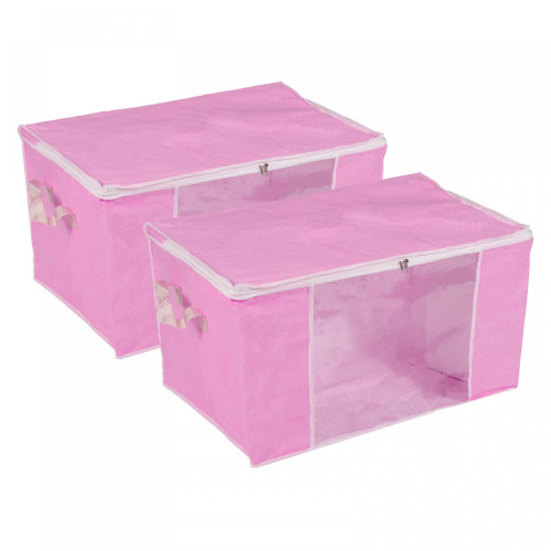 uxcell Clothes Storage Bag 2pcs, Clothes Storage Bins Foldable Closet Organizers Storage Containers with Reinforced Handles for Comforters, Blankets, Bedding-Pink