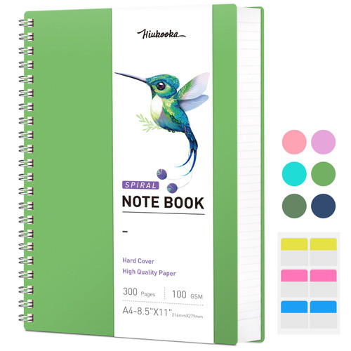 HIUKOOKA Spiral Notebook Journal- A4 College Ruled Notebook 300 Pages, 8.5" x 11" Notebook for Work, Hardcover Notebook 100gsm Thick Paper, A4 Journals For Writing, Note taking(Dark green)