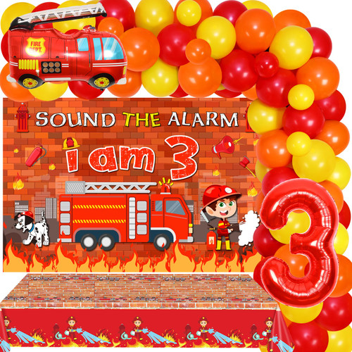 Fire Truck 3rd Birthday Decorations for Boys - Balloon Garland Kit Red Yellow Orange with Sound the Alarm I Am 3 Birthday Backdrop, Fireman Tablecloth, Fire Trucks Number 3 Foil Balloons Fire Truck 3rd Birthday Decorations for Boys - Balloon Garland Kit Red Yellow Orange with Sound the Alarm I Am 3 Birthday Backdrop, Fireman Tablecloth, Fire Trucks Number 3 Foil Balloons