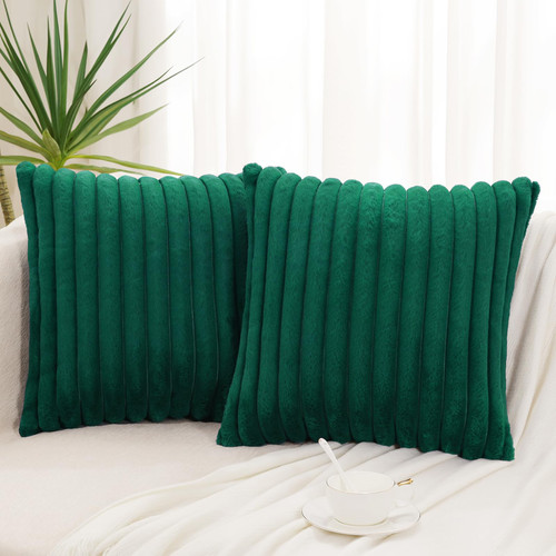 Pallene Faux Fur Plush Throw Pillow Covers 18x18 Set of 2 - Luxury Soft Fluffy Striped Decorative Pillow Covers for Sofa, Couch, Living Room - Christmas Green