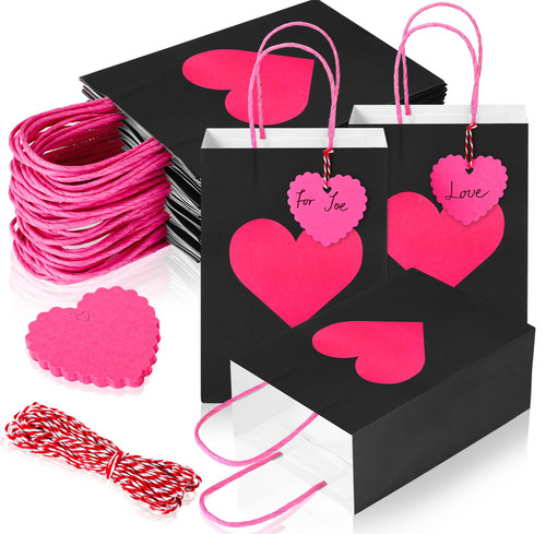 Hillban 24 Pieces Valentines Day Gift Bags with Tags Valentines Candy Bags Goodie Bags with Handles Valentines Day Party Bags Heart Love Paper Bags for Wedding and Valentine (Black, Rose Red,Heart)