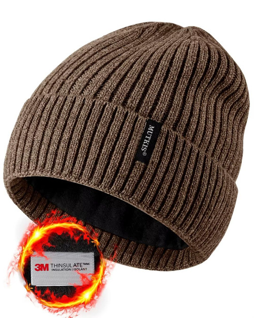 Beanie Hats for Men 30% Merino Wool Knit Hat, Winter Hats for Women Thick Thermal Warm Thinsulate Lined, Beanie for Women Cold Weather Skull Cap Brown