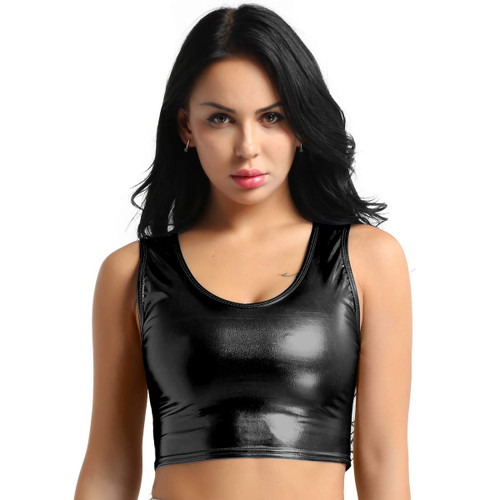 MSemis Womens Shiny Metallic Sleeveless Crop Tops Shirt Rave Dance Party Wet Look Crop Tank Vest Dancewear Black Medium