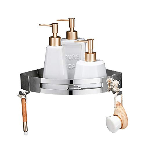 GERUIKE Bathroom Corner Shelf Shower Caddy Wall Mount Stainless Steel Self Adhesive Organizer Shelf with Hooks?Silver