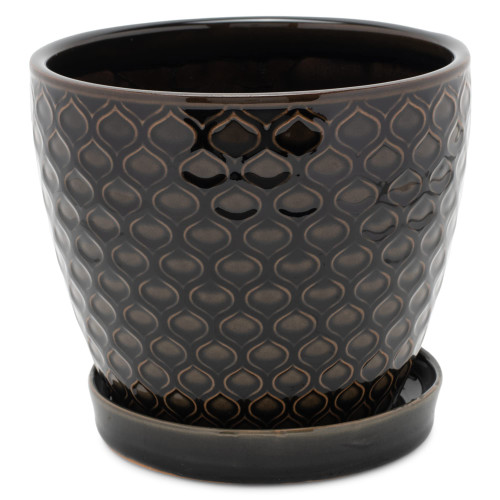 Napco Carved Teardrop Lattice Ceramic Pot with Black Glaze for Indoor Plants Planter, 5.25 x 6 x 6 Inch