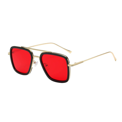OWL Tony Stark Sunglasses Metal Frame Square Aviator Spiderman Glasses UV Protection Ironman Edith Sunglasses for Men Gold Red Tint