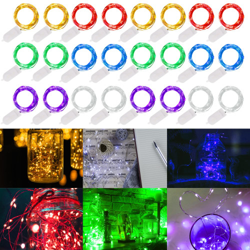 WATERGLIDE 24 Pack Fairy Lights Battery Operated (Included), 6.5ft 20 LED Mini String Lights, Waterproof Silver Wire Firefly Starry Lights for DIY Wedding Christmas Party Mason Jars Decor, Multicolor