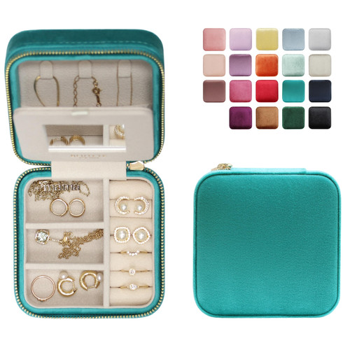 BLUTETE Travel Jewelry Box Organizer Velvet Travel Case With Mirror Ring Earrings Necklaces Storage Organizer Box (Turquoise)