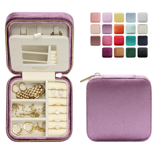 BLUTETE Travel Jewelry Box Organizer Velvet Travel Case With Mirror Ring Earrings Necklaces Storage Organizer Box (Purple)