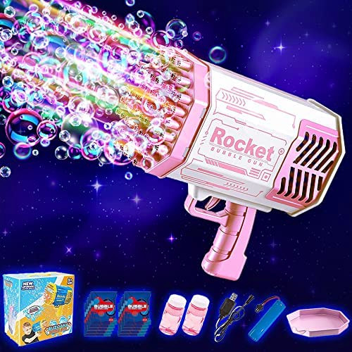 Bubble Gun Ba zooka 69 Holes,Rocket Boom Bubble Machine Gun Blaster, Electric Gatling Launcher Bubble Machine Gun with Light Blower for Adults Kids, Toys Gift for Outdoor Birthday Wedding Party- Pink