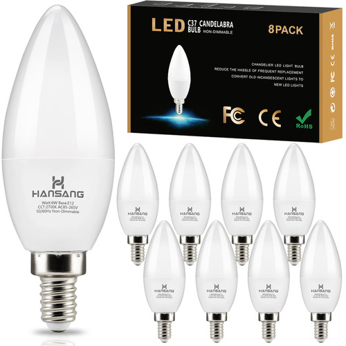 hansang 8 Pack E12 LED Candelabra Bulbs 2700K Warm White, 6W 60Watt Equivalent, B11 Ceiling Fan Light Bulbs Small Base, Type B Light Bulb for Chandelier, 600LM, 120V, Non-dimmable