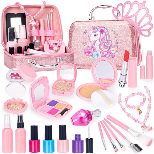 Pretend Makeup for Toddlers, Kids Pretend Makeup Kit for Girls Fake Makeup Toys with Cosmetic Bag, Play Makeup for Little Girls Age 3 4 5 6 7 Christmas Birthday Gifts Toys (Fake Makeup)