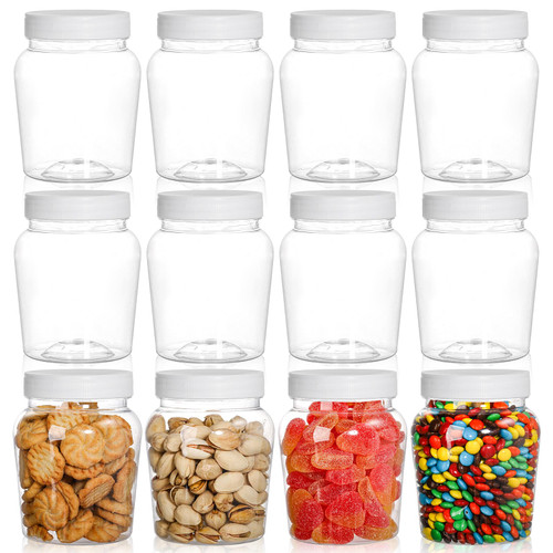 Goaste 12 Pack Round Clear Plastic Jars, 16 OZ Empty Storage Container, Household Refillable Candy Jar with Airtight Cap, Small Screw-On Lids Cylinder for Kitchen Food Storage, Nuts, Spices, Honey