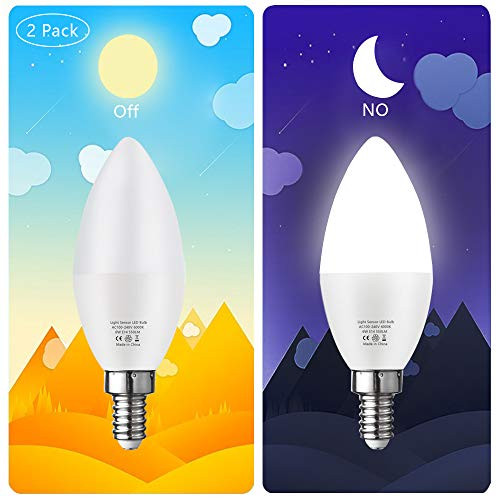 Bogao E12 Candelabra LED Bulb, Dusk to Dawn Light Sensor Light Bulbs, 6W(60W Equivalent), White 6000K, Candelabra Base, Porch Driveway Security Light LED Candle Bulb, Not Dimmable, 2 Pack