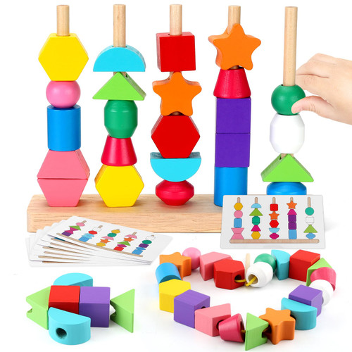 Montessori Toys for Toddler Girl Boy: Educational Toddler Toys for 2 3 4 Year Old Boys Girls Birthday Gift Ideas - Wooden Preschool Learning Toys Fine Motor Skills Stacking Blocks Beads