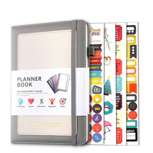 Leather Planner Monthly Weekly & Daily Organizer, Organizer Notebook Undated Appointment Book, A5 Goals Journal for Improving Time Management, Schedule Planner Task Organizer (Grey)
