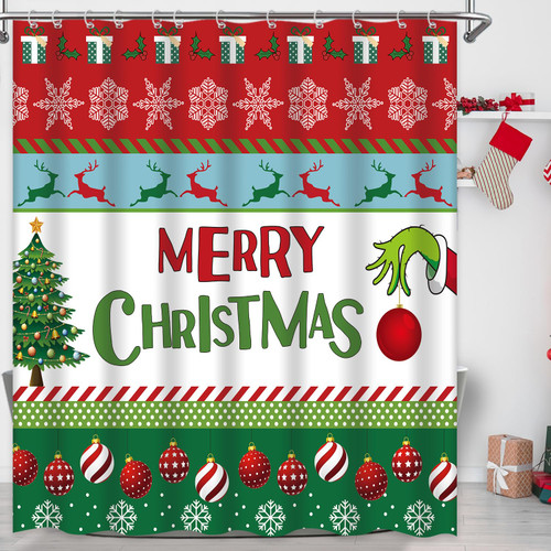 Thinyfull Christmas Grinch Shower Curtain Red Xmas Snowflakes Winter Xmas Bells Tree Holiday Bath Decor Curtain, Merry Christmas New Year Shower Curtain Set, 72 x 72