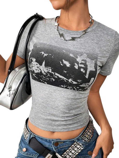 SOLY HUX Women's Graphic Print Tee Crop Top Short Sleeve Round Neck Y2k T Shirt Grey Print M SOLY HUX Women's Graphic Print Tee Crop Top Short Sleeve Round Neck Y2k T Shirt Grey Print M