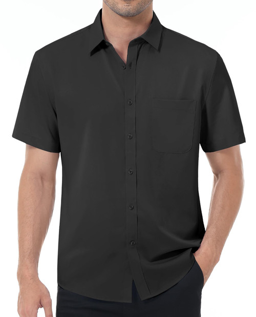 Demeanor Mens Slim Fit Short Sleeve Dress Shirts Casual Stretch Button Down Shirts Black