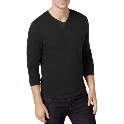Alfani Mens Split Neck LS Embellished T-Shirt, Black, XXX-Large
