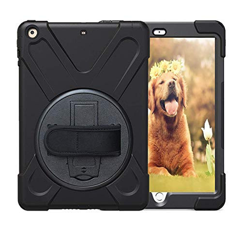 iPad 6th Generation Cases, iPad 9.7 2018 Case, Heavy Duty Hybrid Shockproof Protection Cover Built with Kickstand and Hand Strap for New iPad 9.7 inch A1893/A1954 (Black)