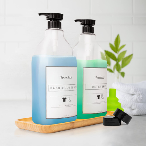 SPAUNLABZ Liquid Laundry Detergent Dispenser Set for Laundry Room Organization 2 PET Plastic Containers 64-Oz with Labels Pumps and Bamboo Tray - Water Resistant Labels, Screw Caps Retractable Funnel