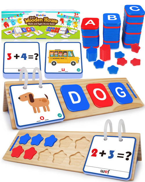 Wooden CVC Word Spelling Games, Math Addition Game, Sight Word & Math Flash Cards: Montessori Educational Toy for Kindergarten Homeschool Supplies Preschool Activities 3 4 5 6 Year Old Kids Wooden CVC Word Spelling Games, Math Addition Game, Sight Word & Math Flash Cards: Montessori Educational Toy for Kindergarten Homeschool Supplies Preschool Activities 3 4 5 6 Year Old Kids