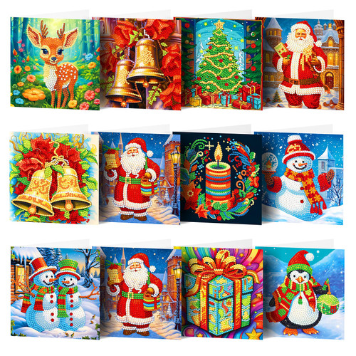 pigpigboss 12 Packs Diamond Painting Greeting Card Kit Christmas Tree Snowman Diamond Painting Cards Santa Claus Diamond Art Greeting Cards Merry Xmas Diamond Dots Greeting Card Gift for Christmas