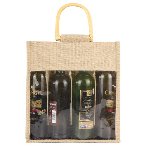 Vpang Eco-Friendly Burlap Wine Bottle Bag Jute Wine Bottle Tote with Cane Handle Gift Packaging Wine Bag Gift Bag Candy Bag for Christmas Holiday Decorations (Four Bottles)