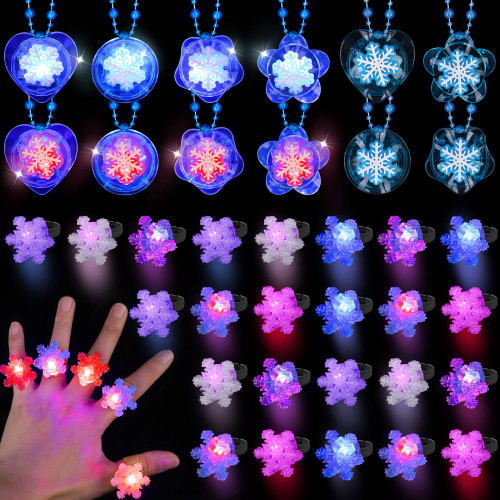 Fovths 24 Pieces Christmas Snowflake LED Light Up Rings and 12 Pieces Snowflake Necklaces Frozen Party Favors