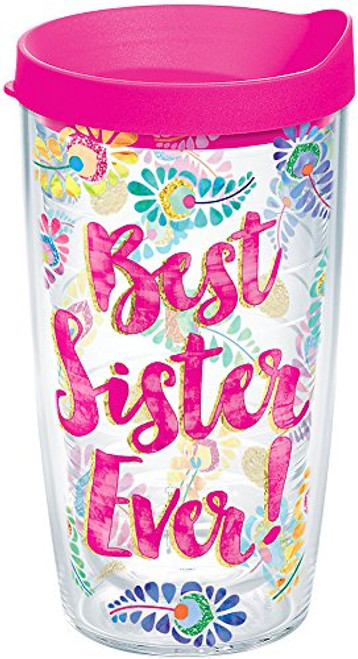 Tervis 1244749 Best Sister Ever Tumbler with Wrap and Neon Pink Lid 16oz, Clear