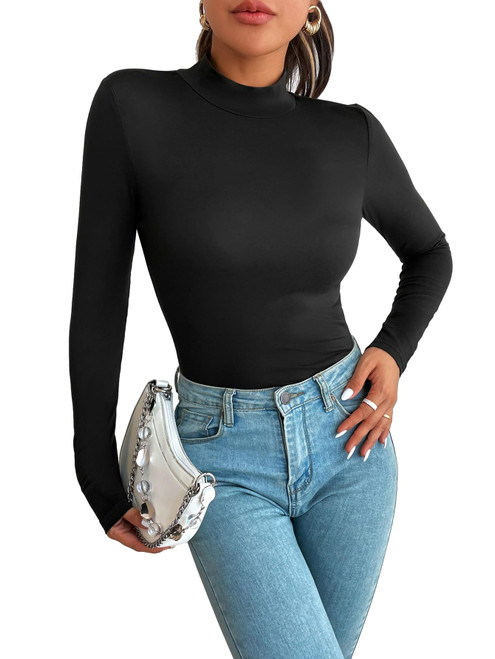GORGLITTER Women's Basic Mock Neck Long Sleeve Shirt Slim Fit Rib Knitted T-Shirt Black X-Large