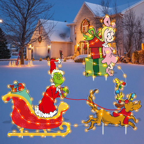3PCS Grinchs Christmas Decorations with LED Lights,Grinchs Yard Signs with Stakes for Holiday Garden Lawn Yard Outdoor Grinchmas Whoville Decorations