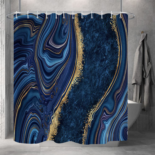 Uiiooazy Marble Bathroom Shower Curtain Dark Blue Navy Gold Waterproof Fabric Shower Curtains with Hooks Watercolor Abstract Shower Curtains Cloth for Home Bath Decor 72x72 inches