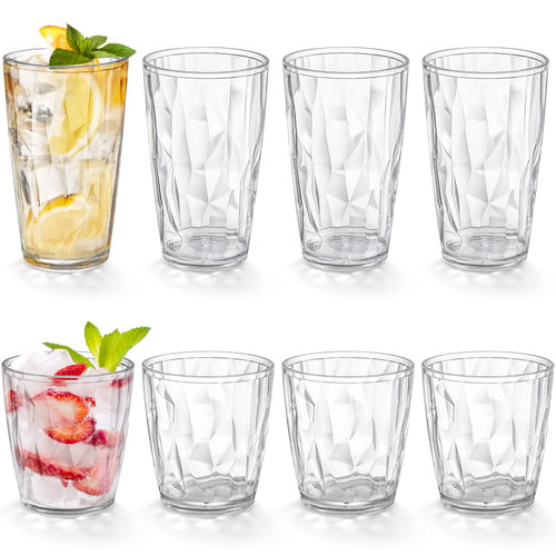 Hedume Set of 8 Plastic Water Tumblers, 4 Pack 17-ounce and 4 Pack 10-ounce Transparent Unbreakable Drinking Glasses, Clear Acrylic Reusable Juice Wine Cups Stackable for Home, Picnic Party