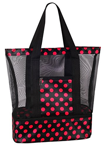 Mesh Beach Tote Bag with Insulated Picnic Cooler Compartment (Black/Pink)