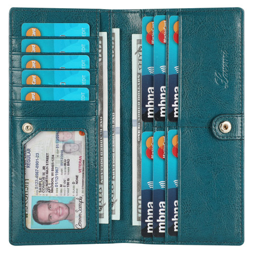 Lavemi RFID Blocking Ultra Slim Real Leather Credit Card Holder Clutch Wallets for Women with Snap Closure(2-Waxed Peacock Blue)