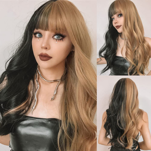 Wiwige Black Blonde Wig Long Curly Wavy Split Wig With Bangs Synthetic Party Cosplay Hair Wig (Half Blonde Half Black) Wiwige Black Blonde Wig Long Curly Wavy Split Wig With Bangs Synthetic Party Cosplay Hair Wig (Half Blonde Half Black)